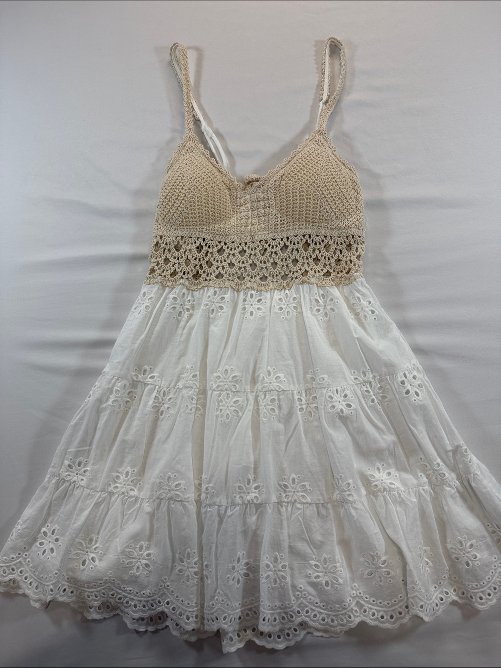 Altar'd State Cream Crochet Bodice White Eyelet Mini Dress Size L